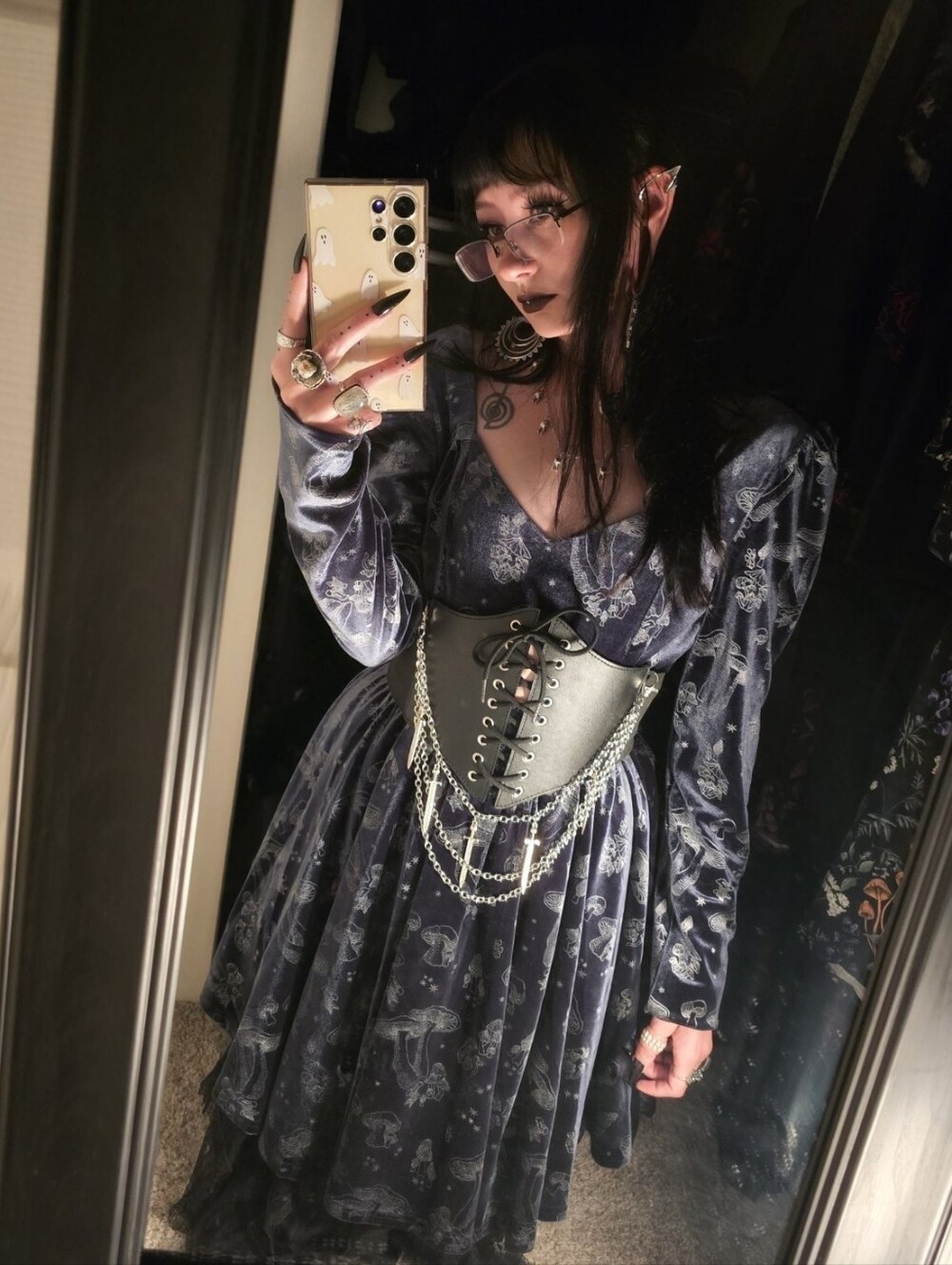 Disturbia Navy Velvet Mushroom Print Dress